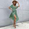 Women Floral Printed Bandage Casual Dress Green Beach Leisure Butterfly Sleeve Summer Ladies Female Dress