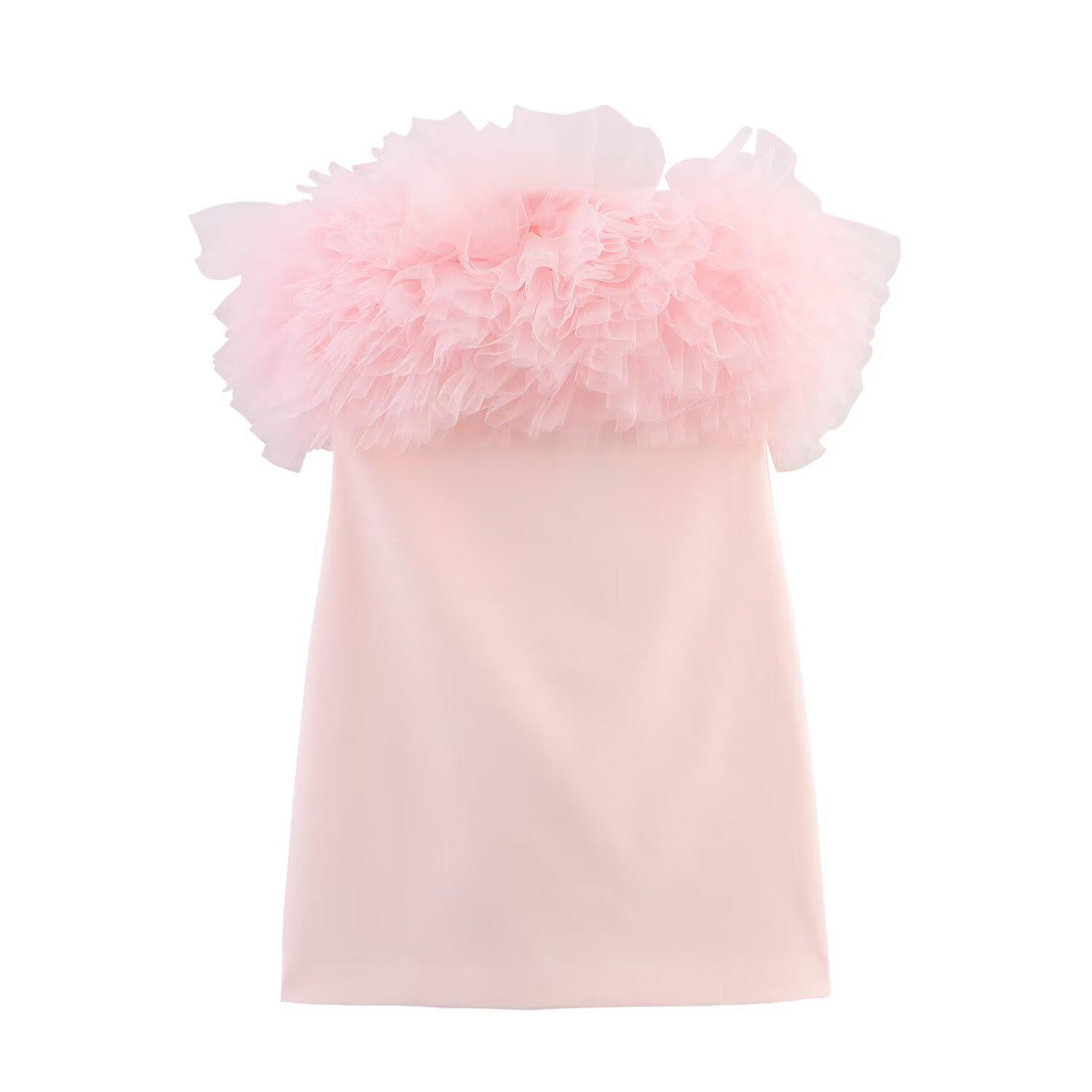 

2025 Spring/Summer Slim Fit Sweet Silk Strapless Dress for Women S розовый