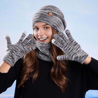 3 Adet/Set Kışlık Şapka Eşarp Eldiven Seti Kalınlaştırılmış Kadife Astar Renkli Elastik Oturan Örgü Şapka Boyun Isıtıcı Eldiven Seti