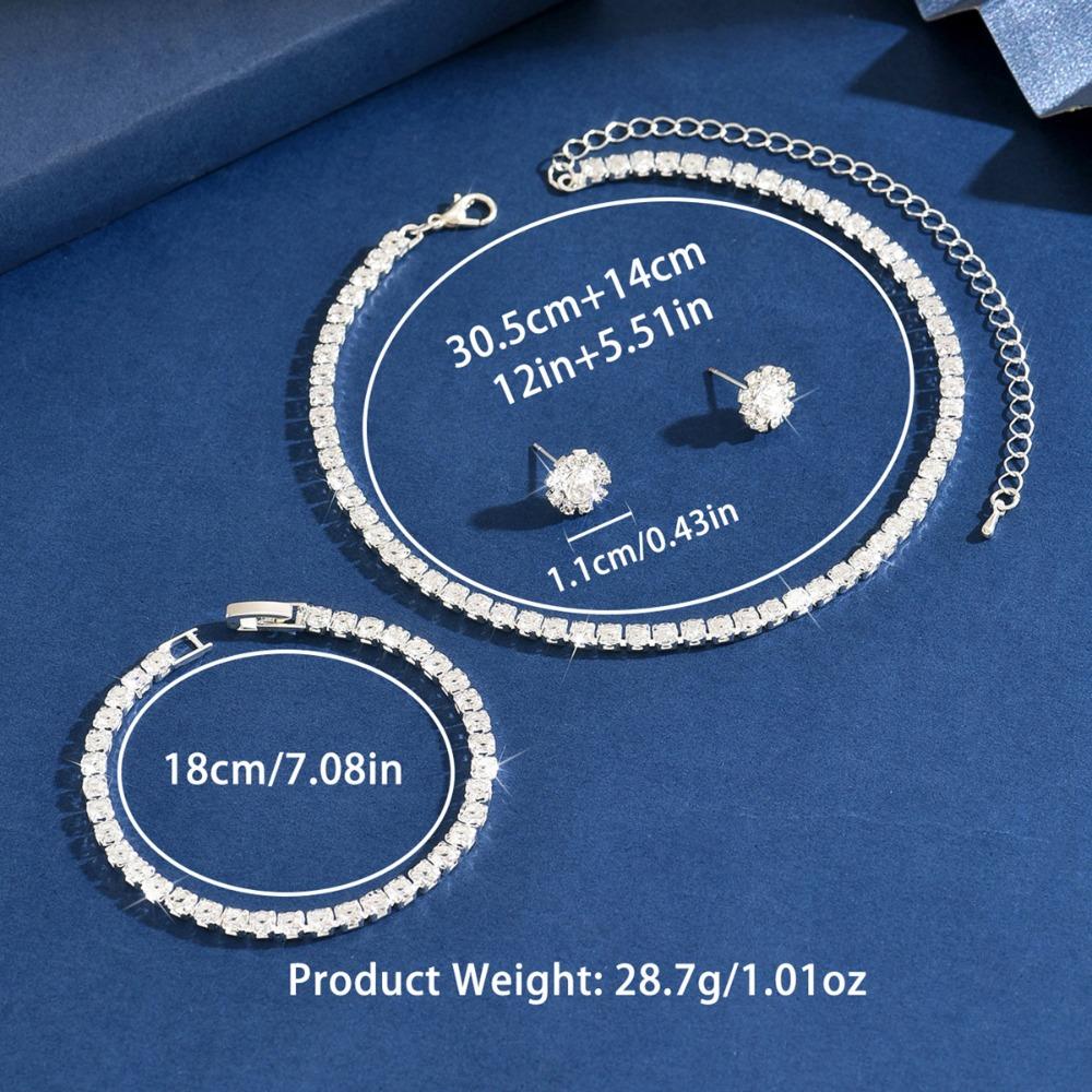 

3pcs Set Fashion Simple Shiny Square Rhinestones Chain Necklace Earrings Bracelet Set for Women Luxury Temperament Jewelry Sets
