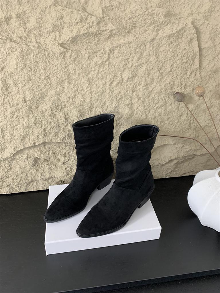 Suede retro small thick heel short boots women's 2025 new autumn and winter pleated versatile pointed pile boots bare boots