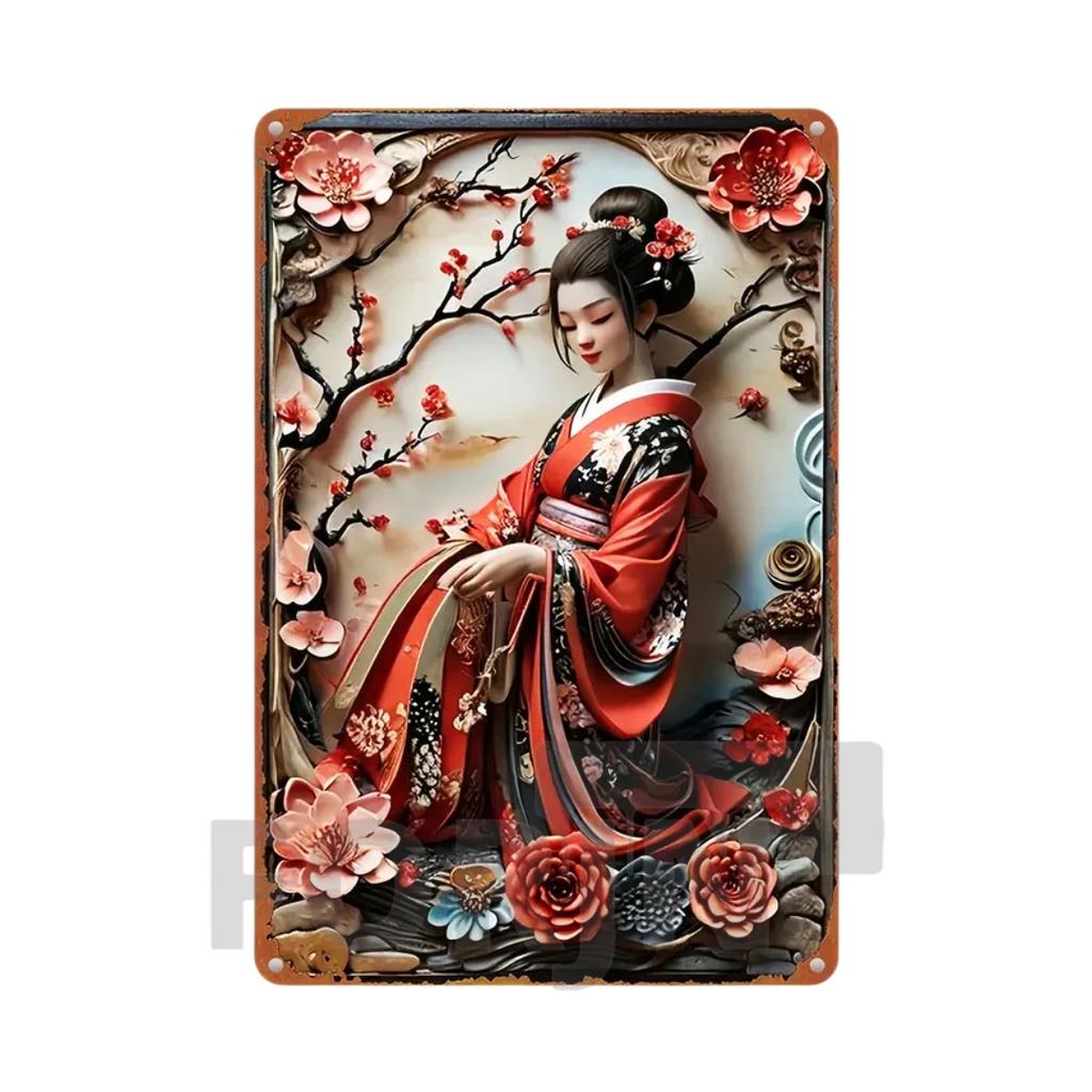 2D Japanisches Kunstposter Kimono Kirschblüten, elegantes Retro Geisha Metallschild, Zuhause, Zimmer, Büro, Izakaya, Café, Studio Wanddekor