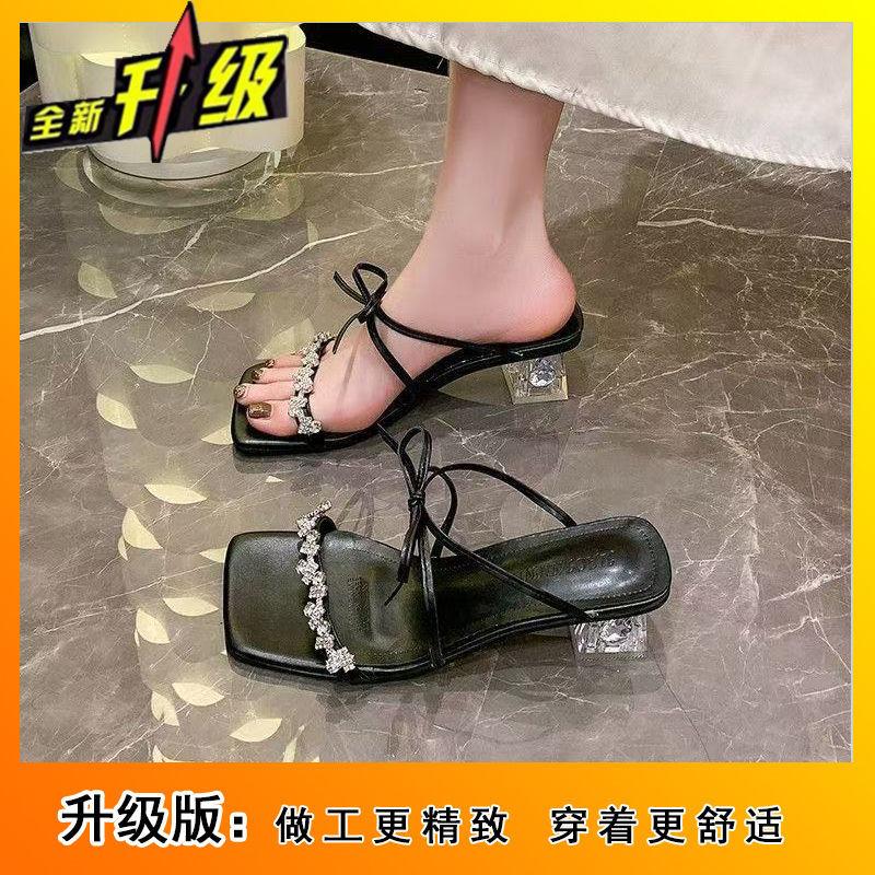 Beautiful French rhinestone bow slippers women's outer wear 2025 new summer fairy sandals temperament high heels