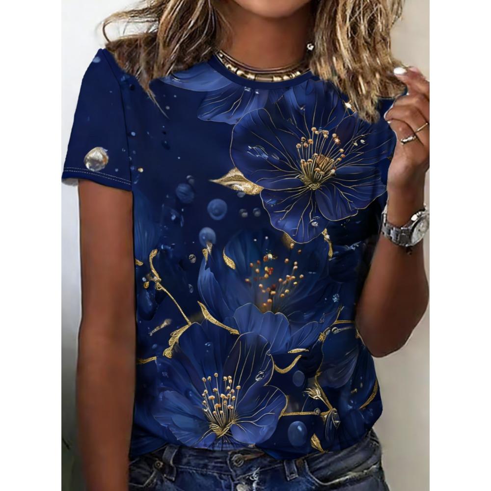 Ladies Summer Colorful Dazzling Flowers Printed Large Loose Casual T-shirt Fashionable Comfortable Soft Breathable Short Sleeved T-shirt