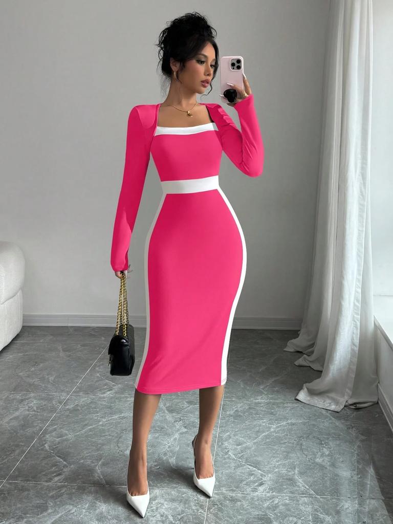 New European and American Women's Clothing Splicing Contrasting Color Medium and Long Dress Sexy Hip-wrapped Long-sleeved Dress