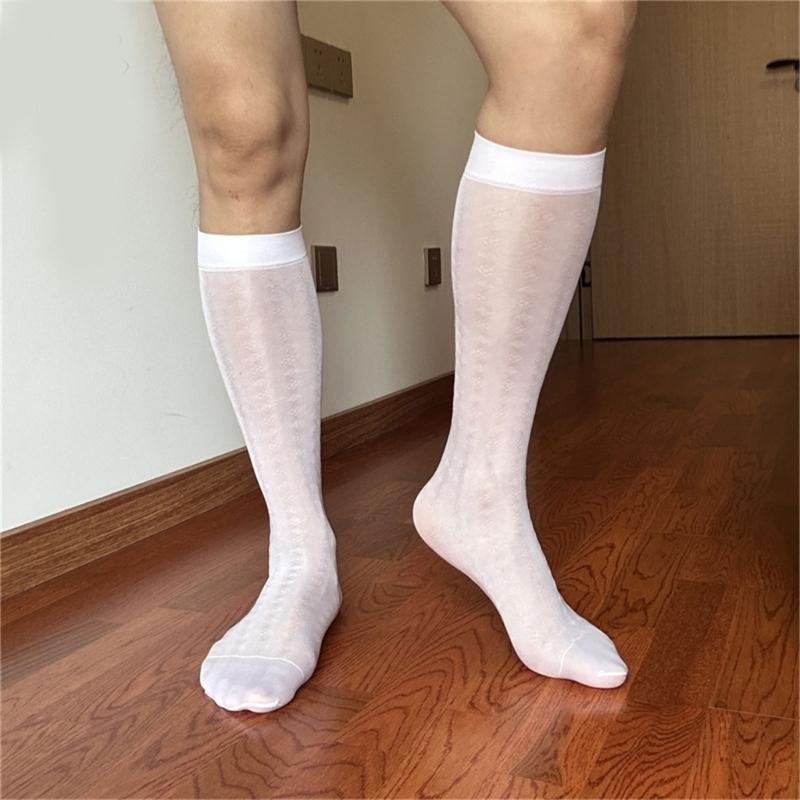 Men Thin Business Dress Socks Stretchy Nylon Sheer Knee Highs Dress Socks Over the Calf Dress Socks Sheer Casual Socks