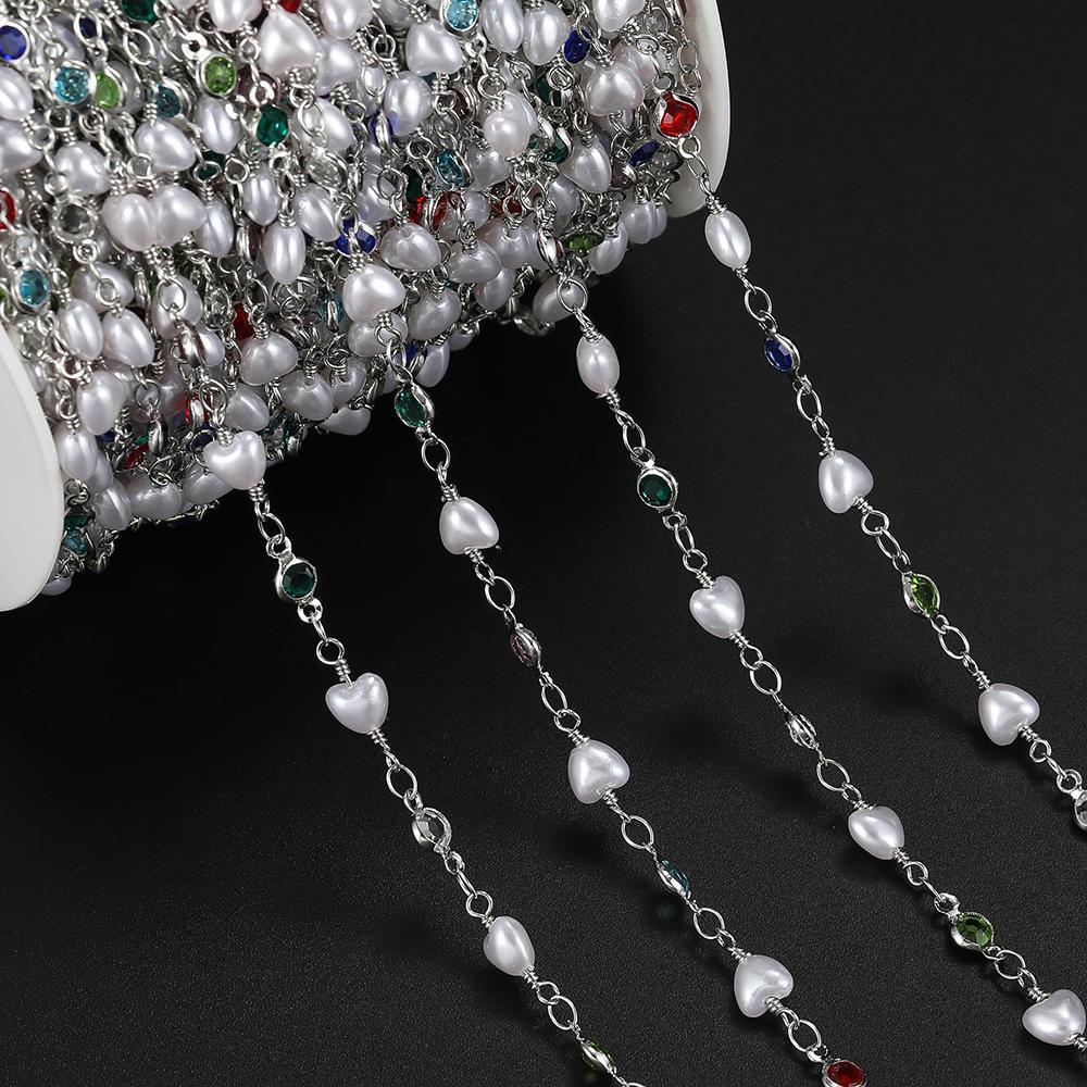 1m Copper Beaded Chain With Heart Shaped Artifical Pearls for Handmade DIY Necklace Bracelet Ankle Chains Jewelry Making Chain