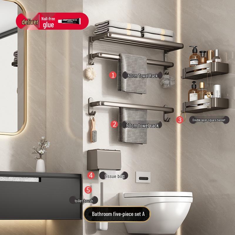 Gunmetal Gray Punch-Free Wall-Mounted Bathroom Towel and Toilet Storage Rack