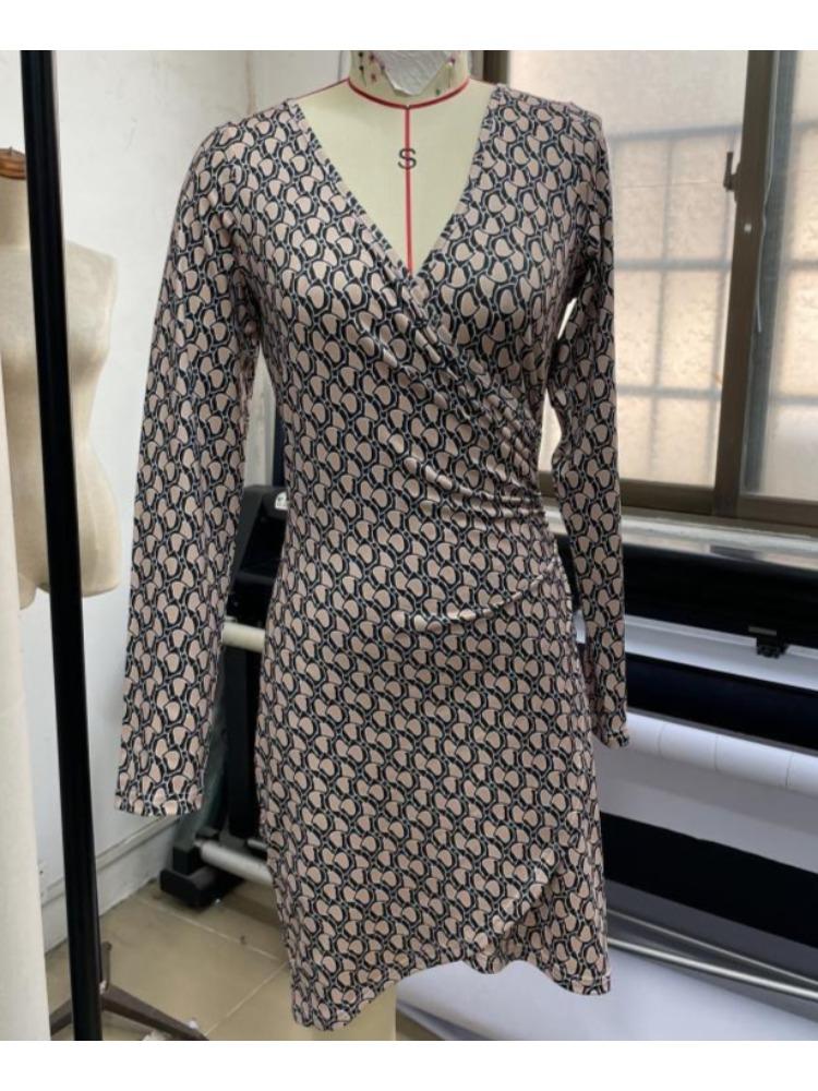 Women Spring Summer Stone Print Sexy Deep V Slim Long Sleeve Bodycon Comfortable Dress Lightweight Recognition Elegant with Flattering Chic Dress
