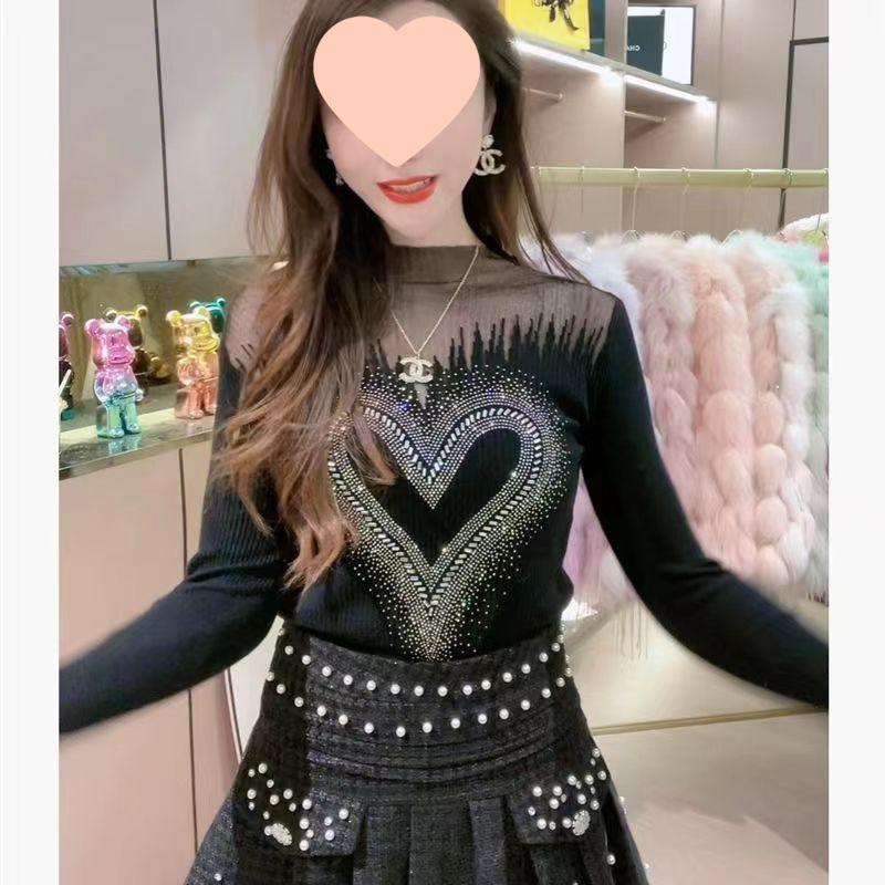 Elegant Rhinestone Mesh Sweater - Women's Long-Sleeve Versatile Chic Top