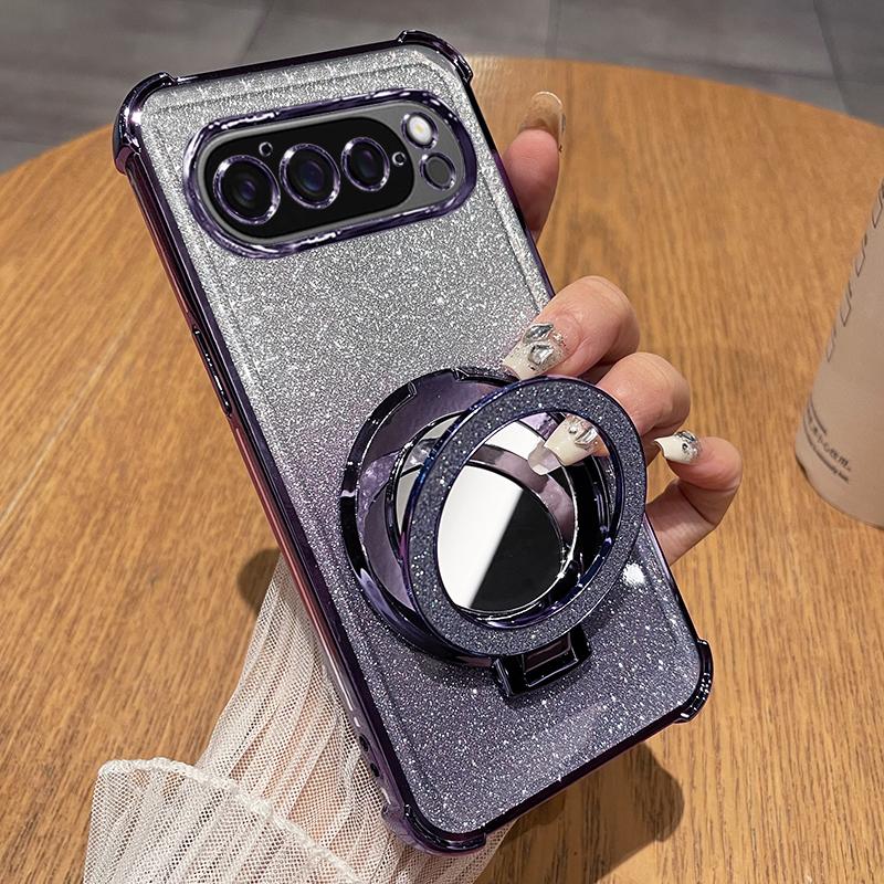 

For Pixel 10 Pro XL Four Corner Shockproof Glitter Mirror Holder Plating Silicone Cover for Google Pixel 10Pro Pixel10 Airbags For Pixel 10 pro