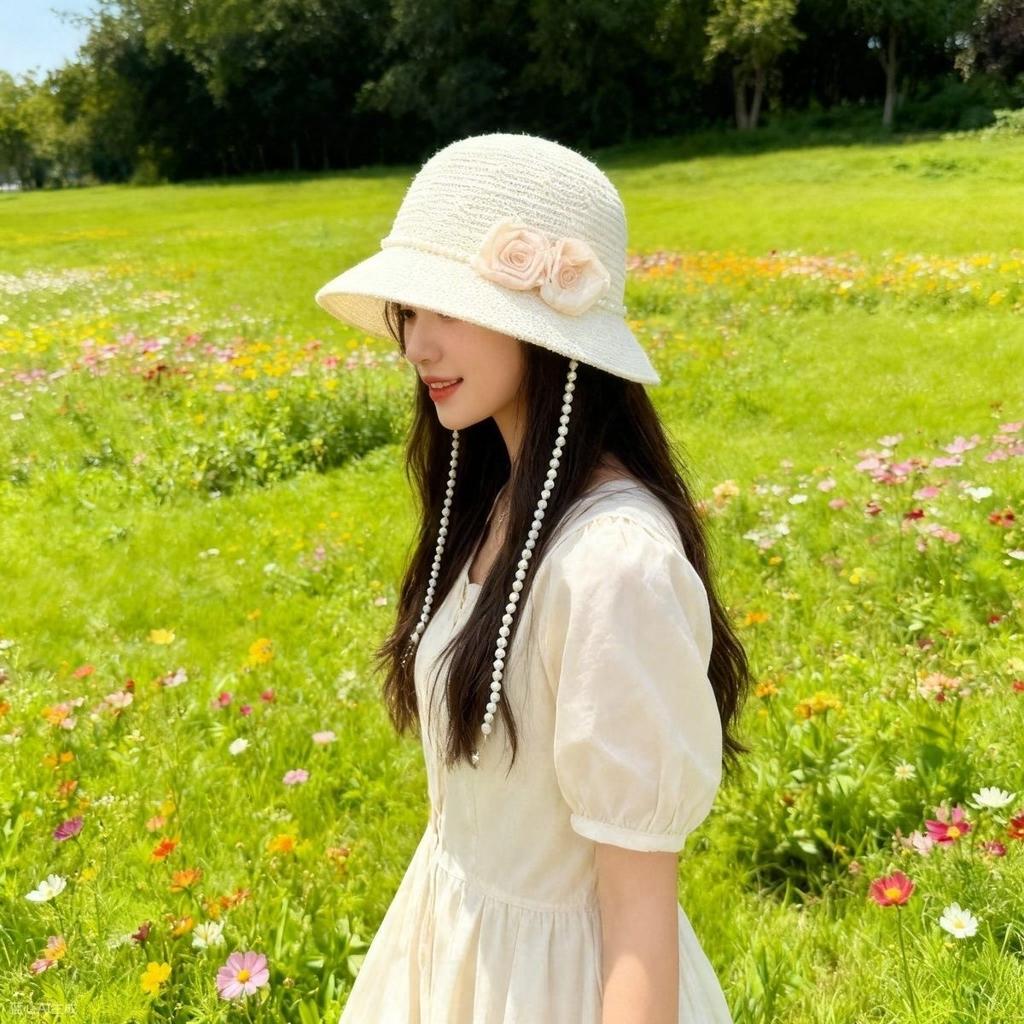 French Elegant Flower Pearl Knitted Fisherman's Hat Ladies Summer Fashion Face Small Shade Straw Hat Sun Hat