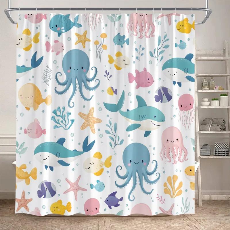 Ocean Fish Shower Curtains Watercolour Coral Sea Animals Kids Bath Curtain Polyester Cloth Modern Home Bathroom Decor with Hooks