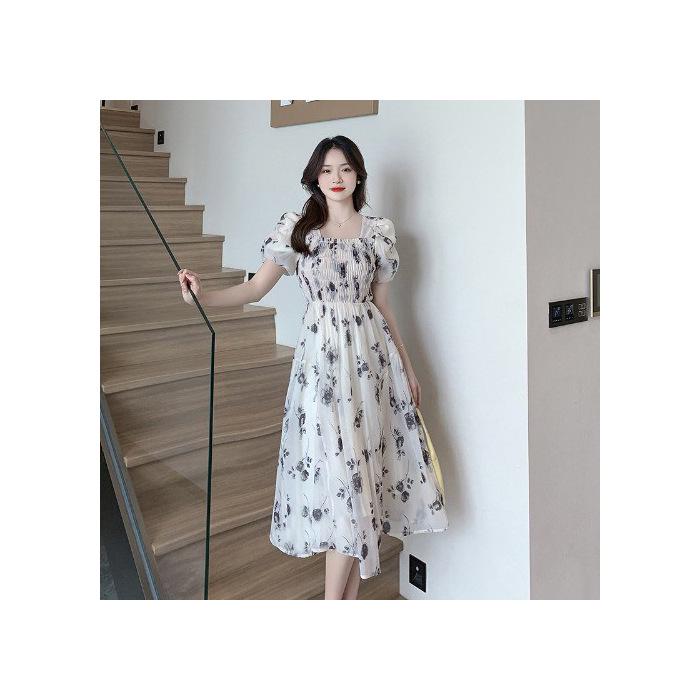 French Floral Puff Sleeve Square Neck A-Line Summer Dress for Women S чёрный