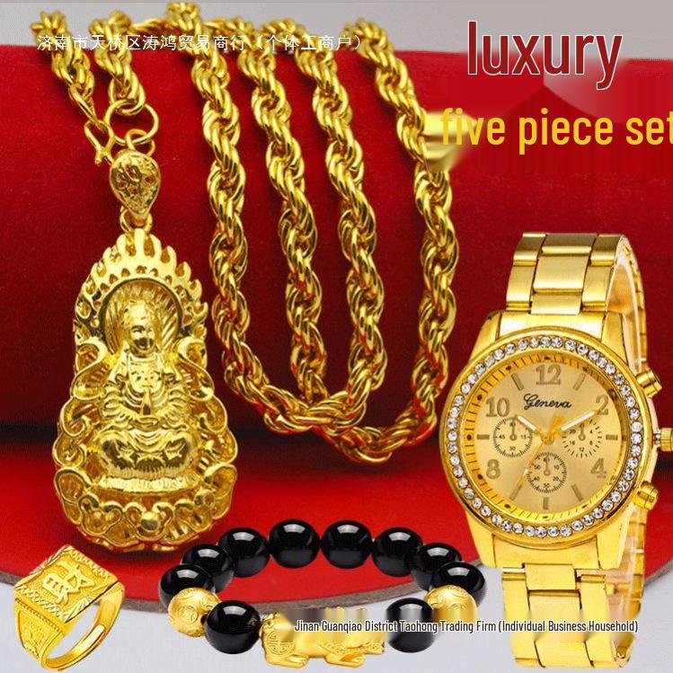 Unique Vietnam-Inspired Gold Necklace & Non-Fading Gold Watch Set for Men