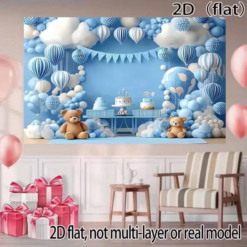 2D Teddy Bear Hot Air Balloon Backdrop for Newborn Photography