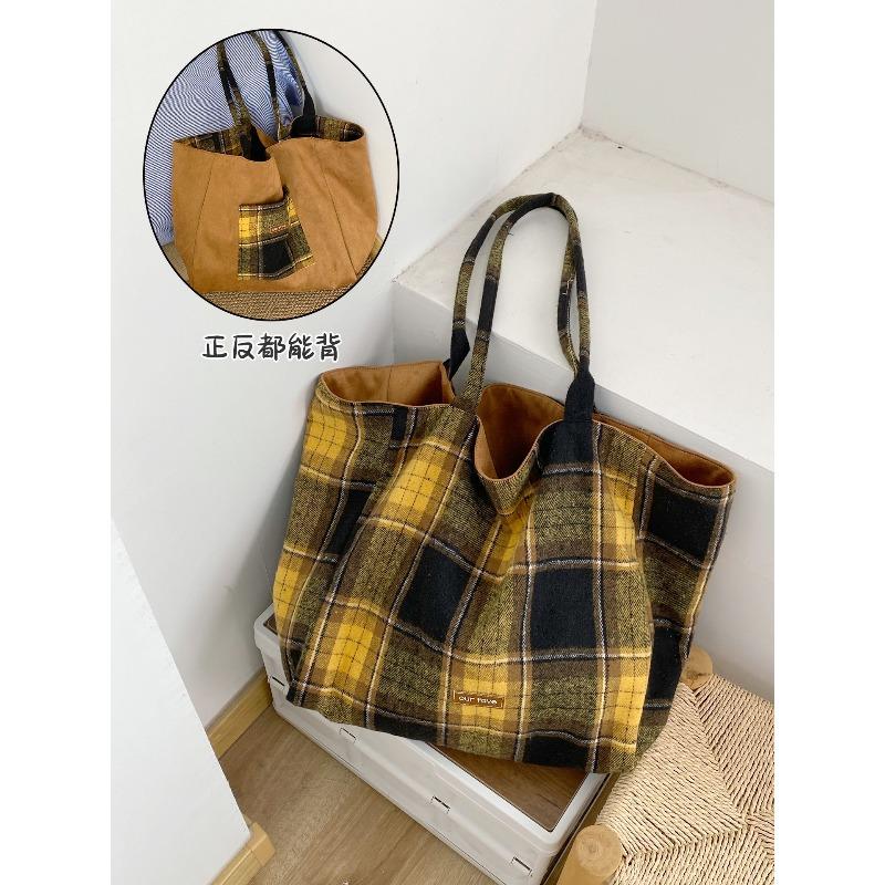 Autumn and Winter Woolen Plaid Double-sided Bag Fresh College Style Shoulder Bag Large Capacity Lazy Style Tote Bag Women
