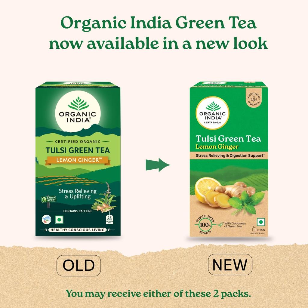 Organic India Tulsi Green Tea Lemon Ginger Herbal Tea 25 Teabags Refreshing Digestive Relaxation