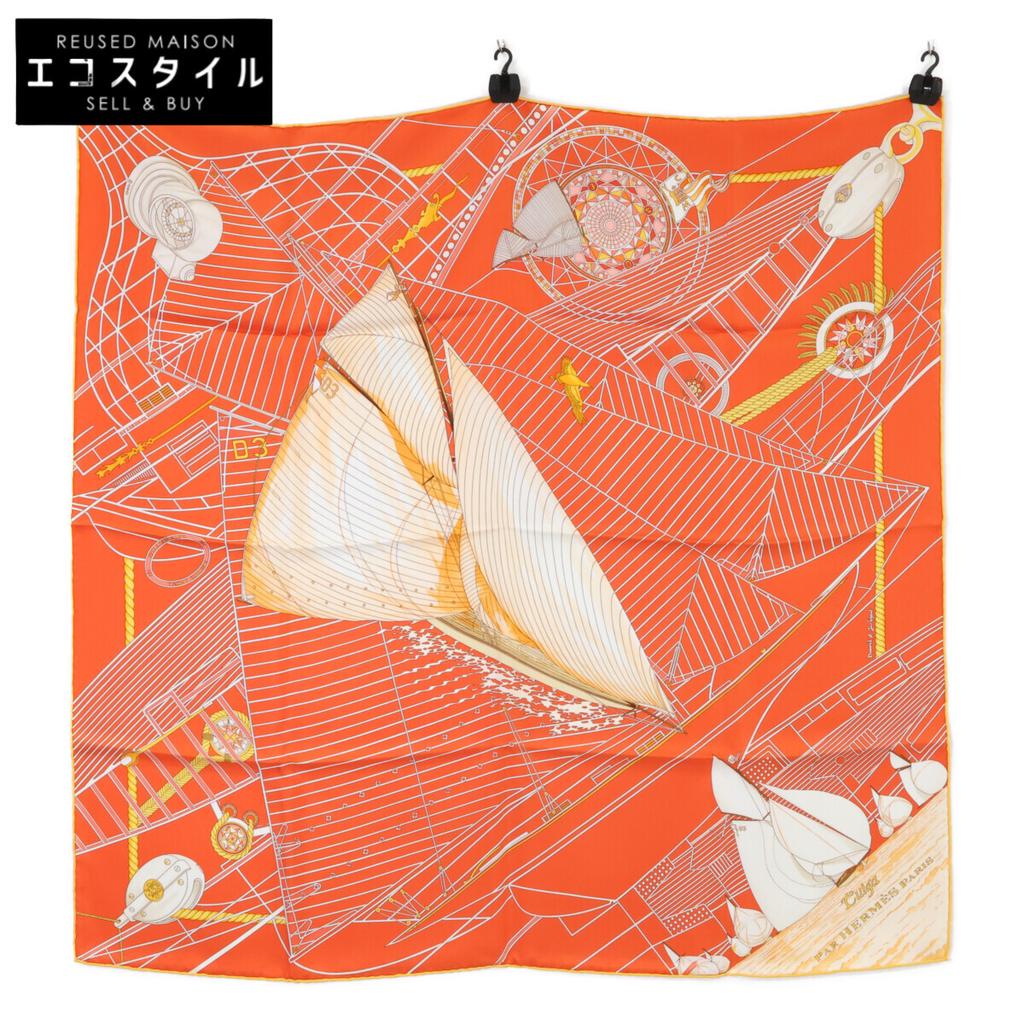 HERMES [Excellent Condition] Tuiga Sailboat Silk Carre90 scarf OrangeUsed
