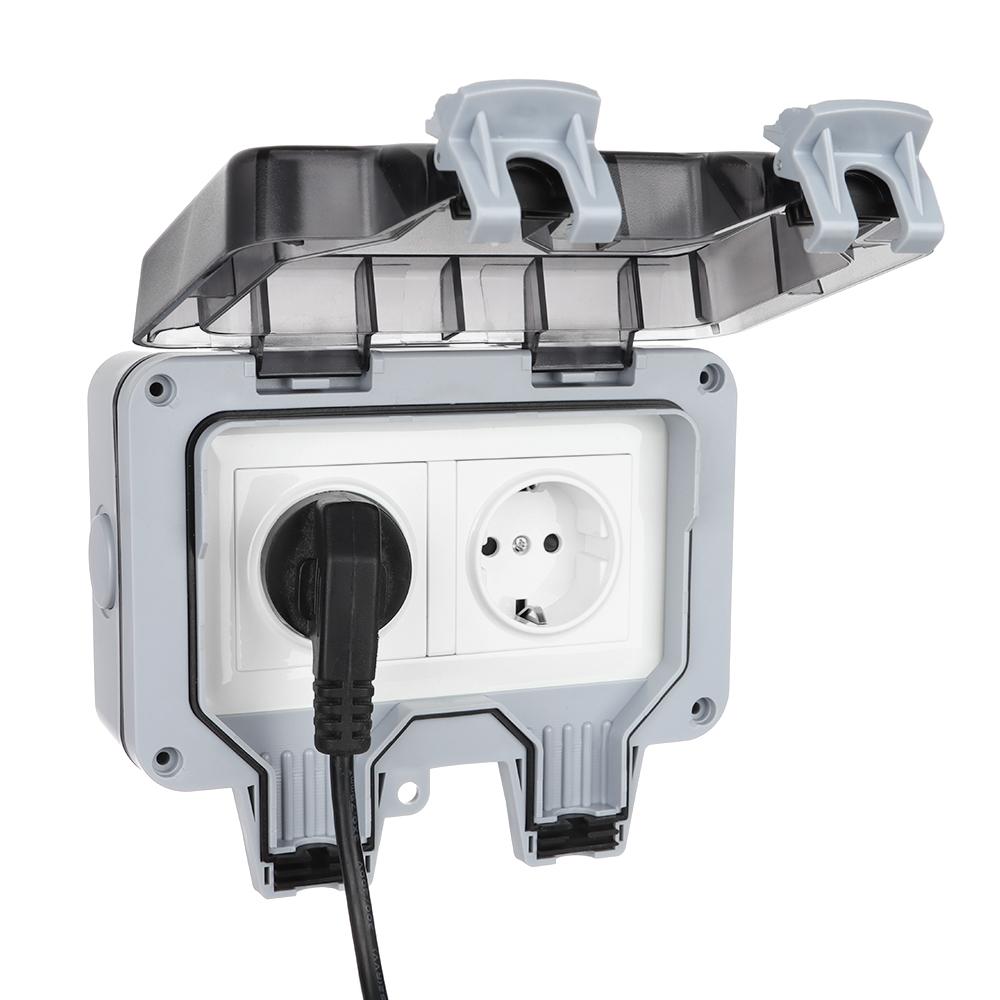 16A Outdoor Switched Waterproof Socket Wall Electrical Power Outlet Dual USB Ports 2 Gang