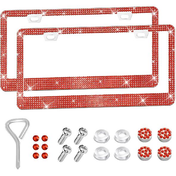 Bling Car License Plate Frame, 2PCS Crystal Sparkly Rhinestone Stainless Steel Vehicle License Plate Holder for Women Girl, Diamond Automotive