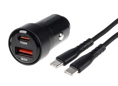 WAYME Charger 12/24V, USB 30W + USB-C PD 30W + USB-C > USB-C 100 Cm Cable, Max 60W