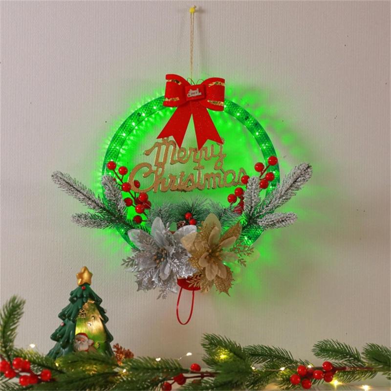 Christmas Wreath Hanging Wall Door Garlands Red Berries Ornaments with LED Light for Christmas Tree Decorations New Year
