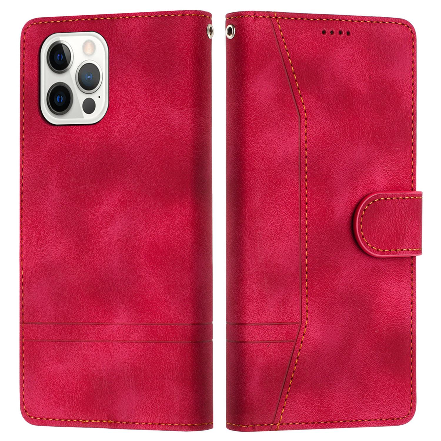 

L002 For iPhone 13 Pro Max 6.7 inch Leather Wallet Stand Phone Case Shockproof Lines Imprinted Cover Red