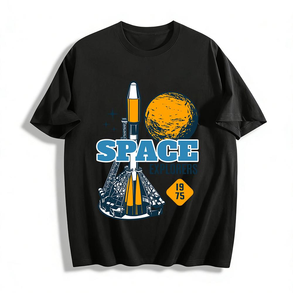 1975 Space Explorers Vintage Rocket Planet Print Graphic T-Shirt Pure cotton T-shirt XXS
