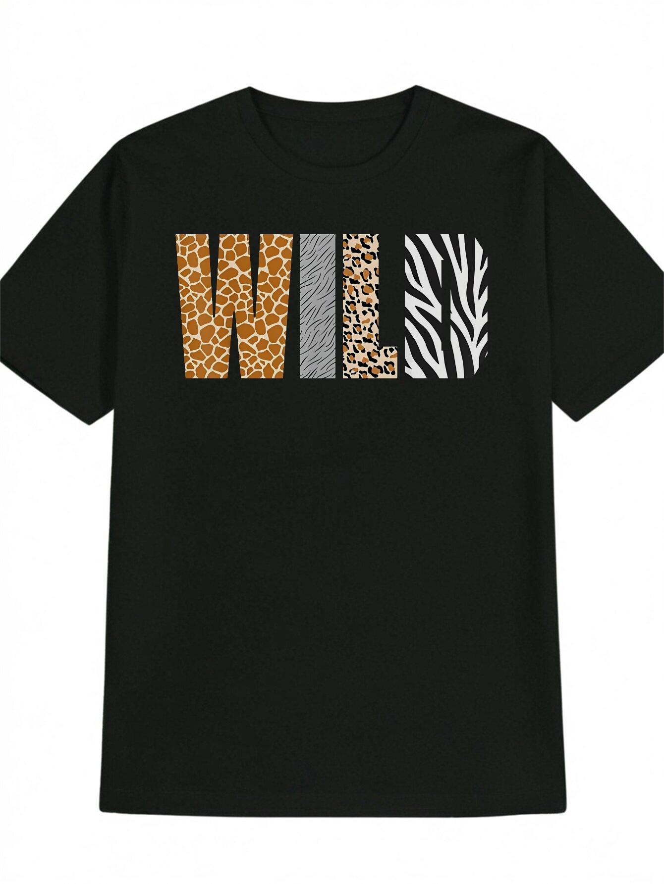 Summer Casual Crew Neck Polyester Animal Graphic T-shirt -  WILD  Design with Giraffe XXXL