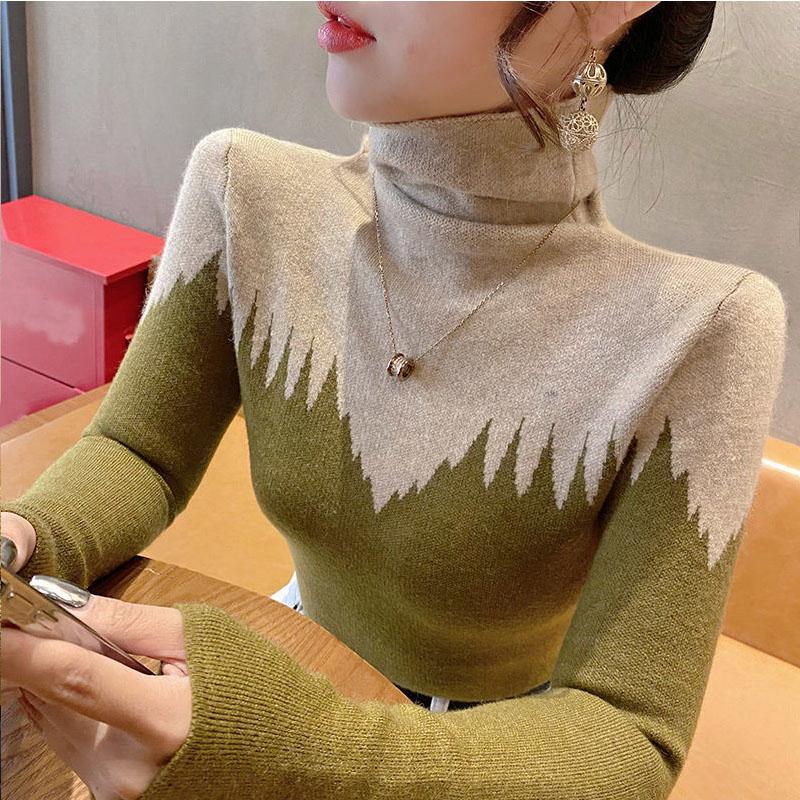 Πουλόβερ με ψηλό λαιμό για φθινοπωρινή και χειμερινή βάση για γυναίκες, νέο κομψό πλεκτό τοπ με στενή εφαρμογή, γυναικείο εσωτερικό ρούχο