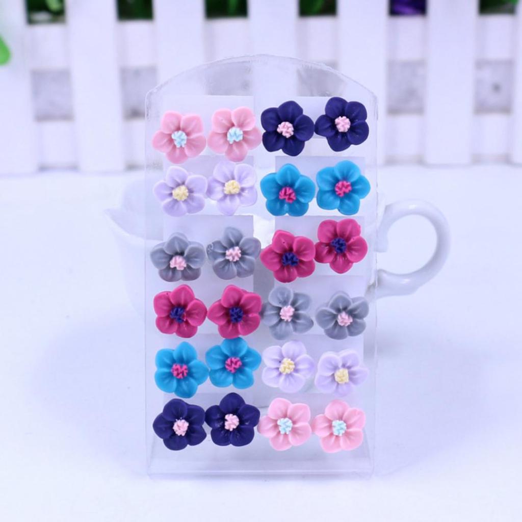 12 Pairs Fashion Multicolor Resin Flower Ear Stud Earrings Set Women Jewelry