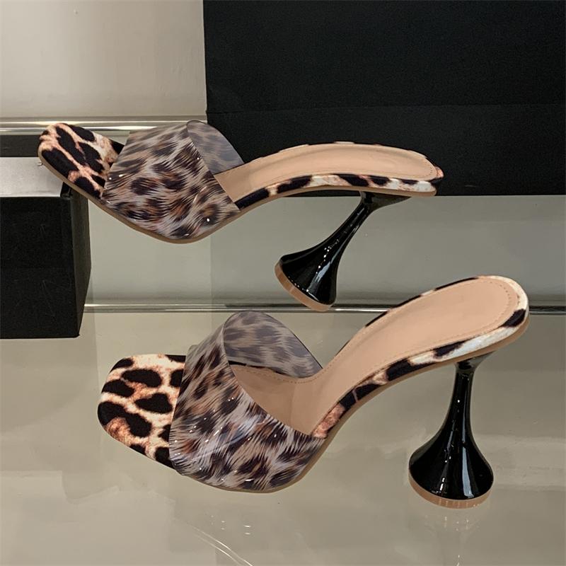 Fashion Eilyken Design Style Leopard Print Square Toe Slippers Women PVC Transparent High Heels Sandals Summer Party Slide Shoes