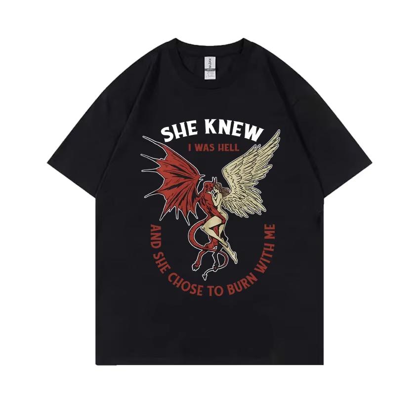 

She Knew I Was Hell and She Chose To Burn with Me Angel and Demon Vintage Graphic T-shirt Men Women Fashion Oversized T Shirt... S разноцветный