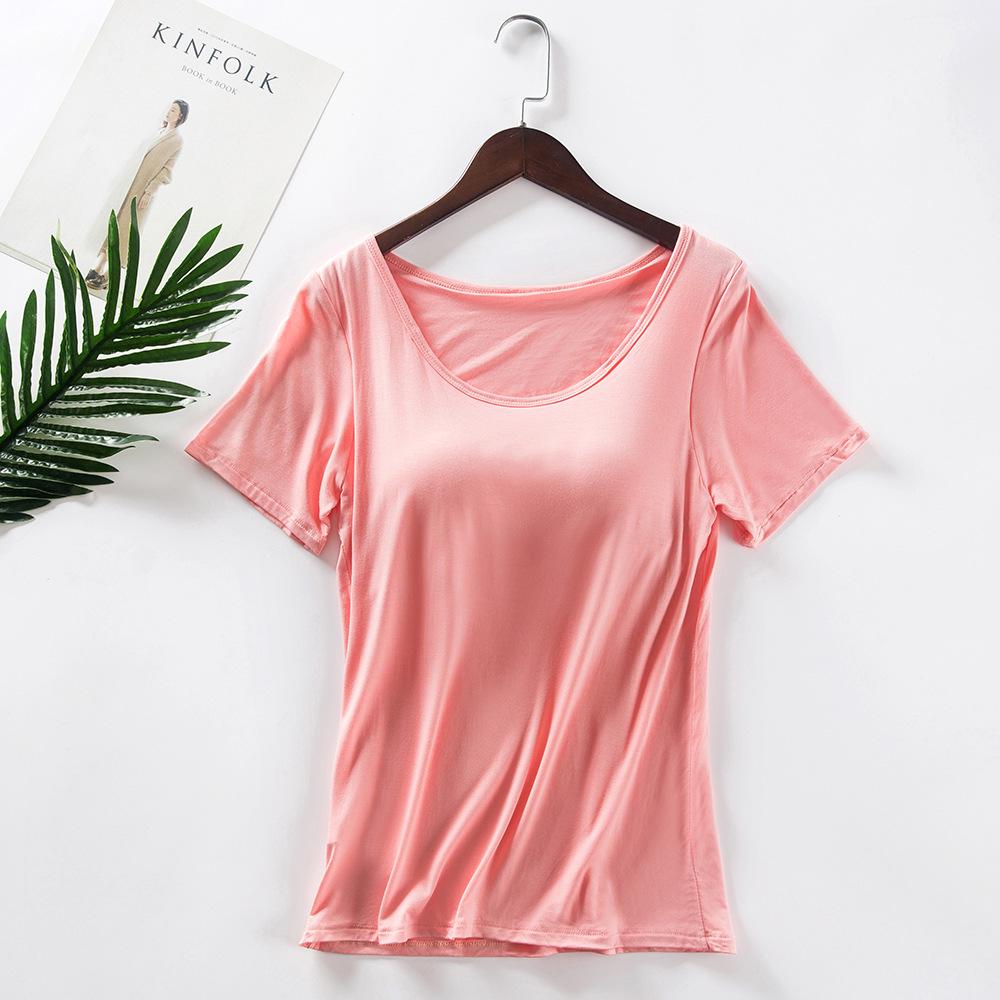 Women's Modal Short-Sleeve T-Shirt with Built-In Bra Cups, Solid Color, Ideal for Yoga, Home, or as a Base Layer Sports Top. No Separate Bra Needed.