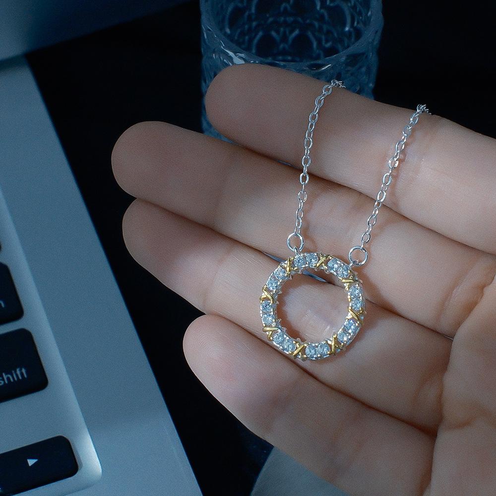 Cold Wind Exquisite Two-Color Diamond-Encrusted Ring Necklace Women'S Light Luxury Niche Design Sense Simple Collarbone Chain Versatile Neck Chain