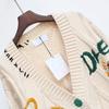V Neck Long Sleeves Pockets Ribbed Trim Knitted Coat Winter Embroidery Letter Pattern