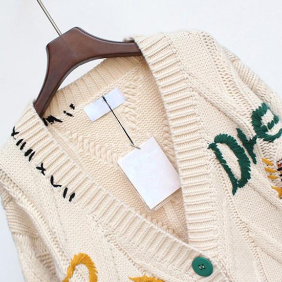 V Neck Long Sleeves Pockets Ribbed Trim Knitted Coat Winter Embroidery Letter Pattern
