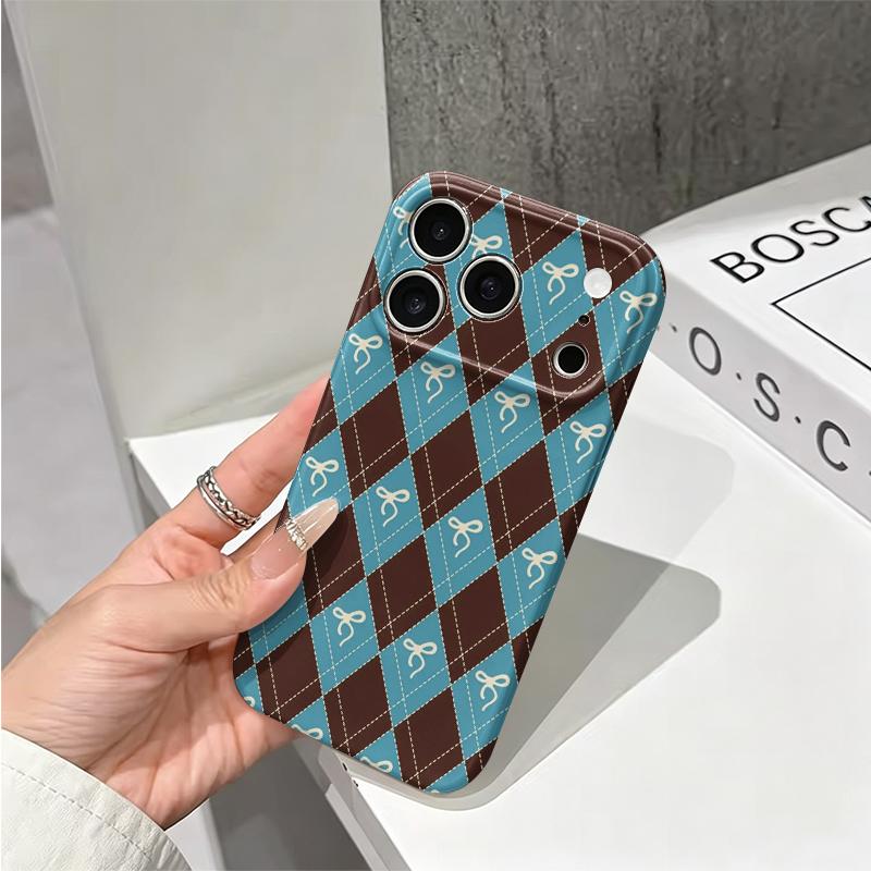 Cozy Brown Teal Argyle Bow Pattern Art Graphic Film Aesthetic Protective Shockproof Bumper Phone Case Cover For iPhone 14 15 16 Pro Max Plus