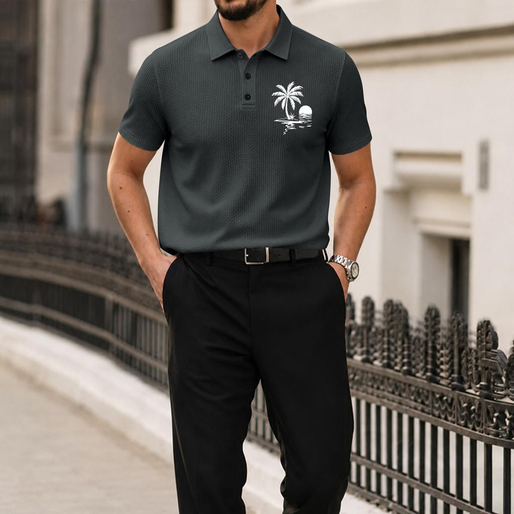 Men Short Sleeve Polo Shirt with Turn Down Collar and Printed Pattern Lightweight Breathable Casual Summer Top