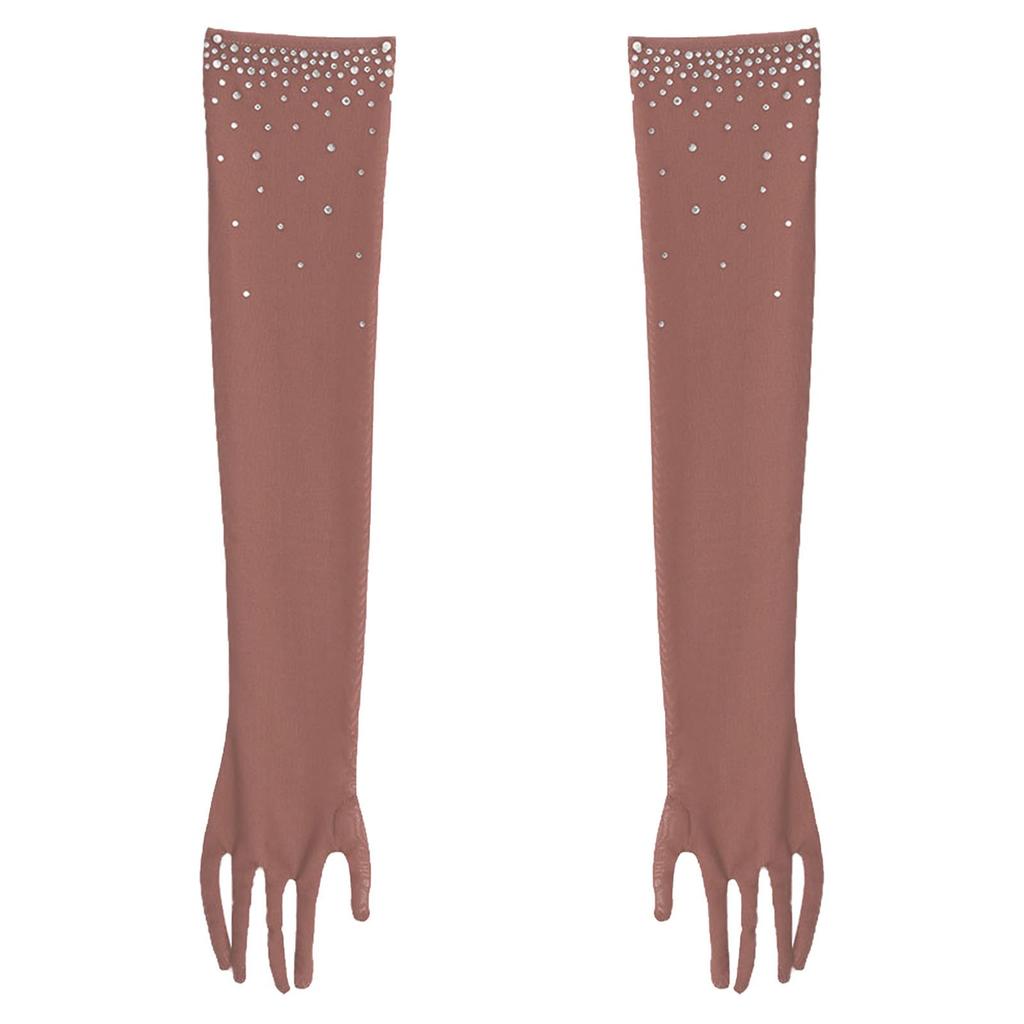 Girls Five Finger Mesh Gloves Glittery Rhinestones Design Full Length Latin Dance Performance Accessories