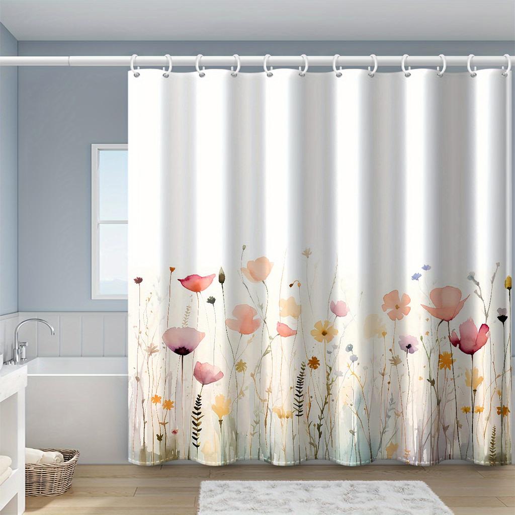 1pc Ink Floral Print Shower Curtain with Hooks, Polyester Fabric, Window and Wall, Bathtub, Bathroom Home Decor Shower Curtain