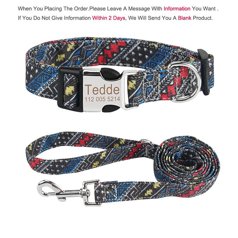 

Bohemia Engraved Dog Collar Custom Puppy Cat Leashes Personalized Nameplate ID Pet Collar Leash Set S