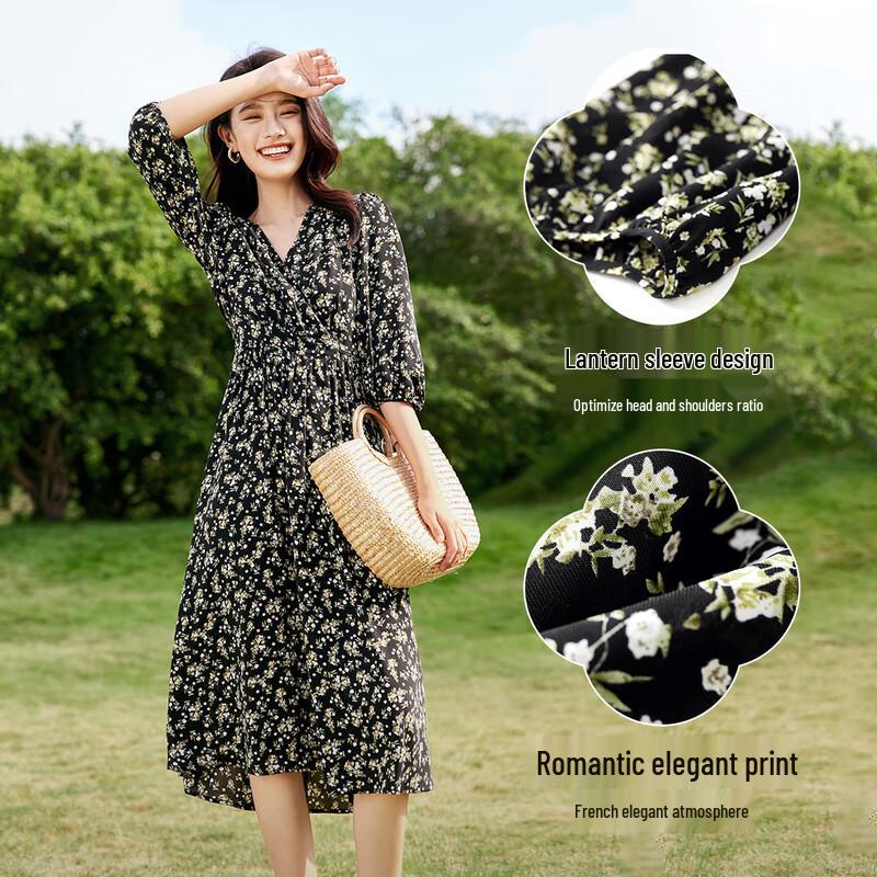 Shangdu Bila Floral V-Neck A-Line Chiffon Midi Dress