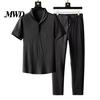Casual Men Outfit 2Pcs/Set for Men, Lapel Short Sleeve Shirt And Elastic Waist Loose Ultra-thin Summer Suit Long Pants, Ultra-Thin Ice Silk Home Daily
