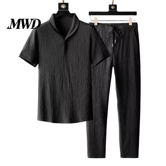 Casual Men Outfit 2Pcs/Set for Men, Lapel Short Sleeve Shirt And Elastic Waist Loose Ultra-thin Summer Suit Long Pants, Ultra-Thin Ice Silk Home Daily