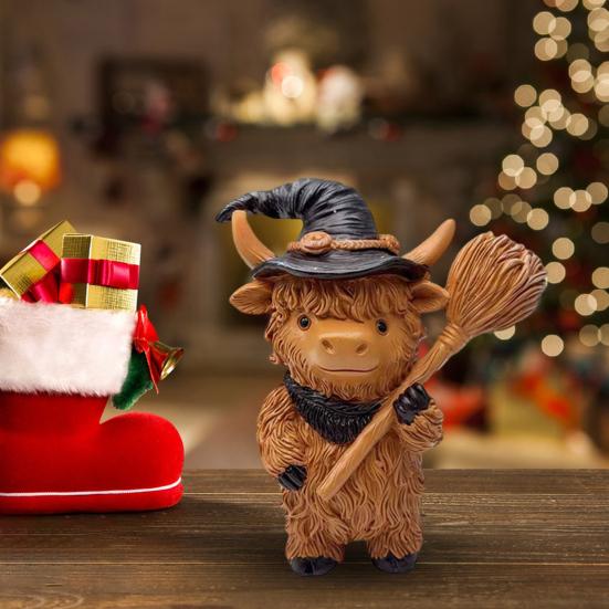 Halloween Highland Cow Resin Figurine Wizard Hat Pumpkin Broom Cattle Statue Sculpture Holiday Party Decoration Ornament