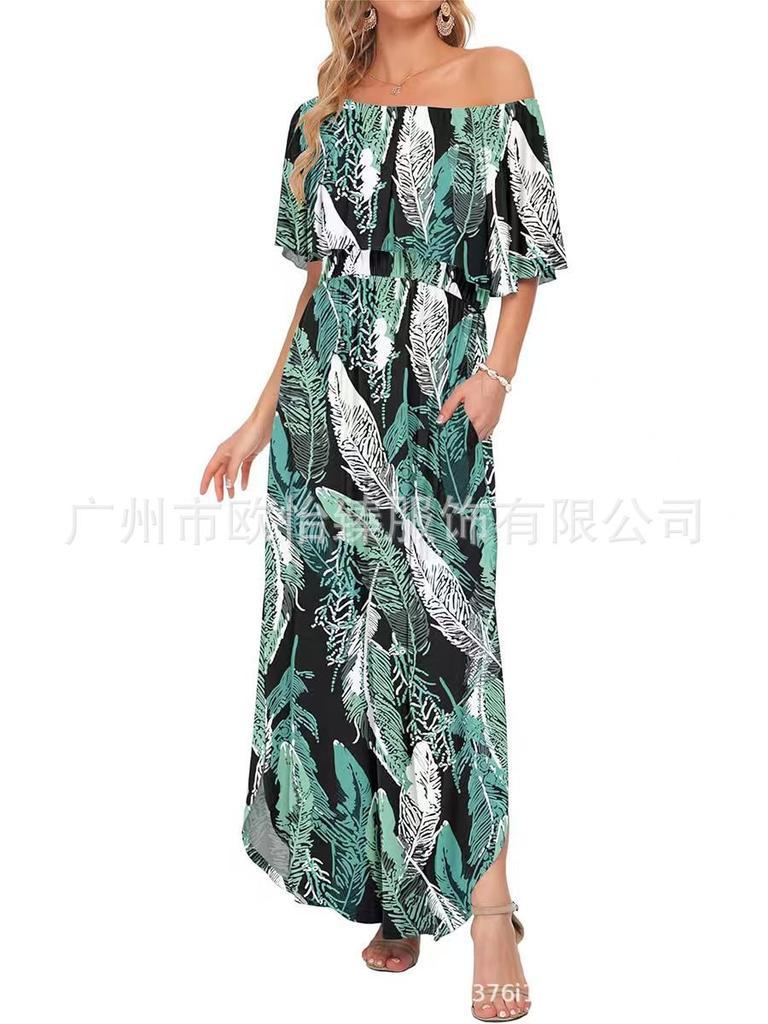 Summer new printed one-word shoulder short-sleeved long dress