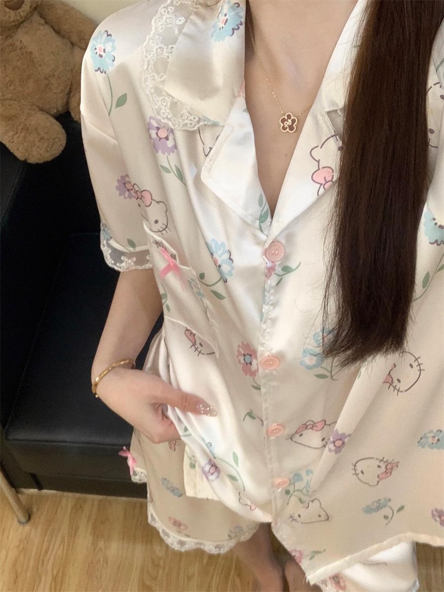 

Korean lace flower Kitty cat girl pajamas summer short sleeves shorts can be worn outside loungewear suit S