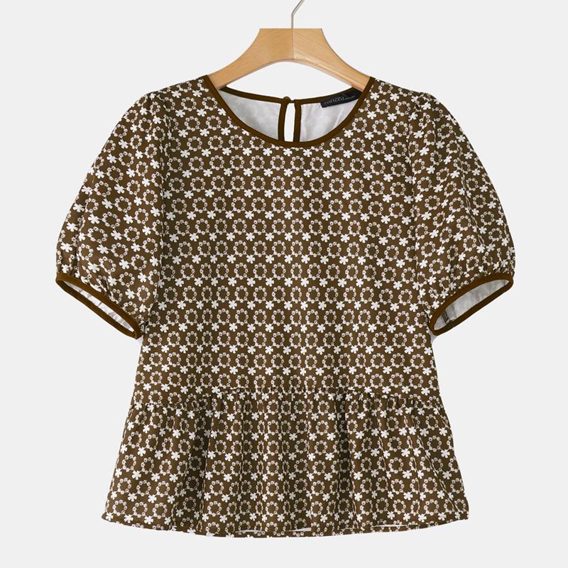 

ZANZEA Женская повседневная блузка с круглым вырезом, цветочным принтом и коротким рукавом 4XL коричневый